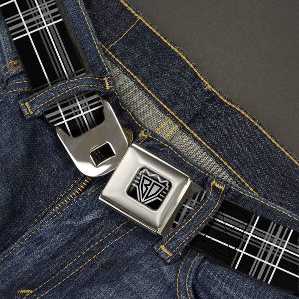 Buckle Down BD Wings Logo CLOSE-UP Full Color Black Silver Seatbelt Belt - Plaid Black/Gray Webbing