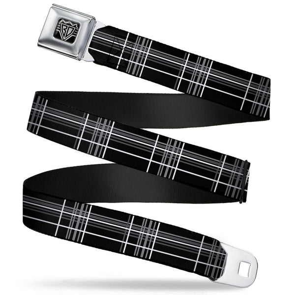buckle down BD Wings Logo CLOSE-UP Full Color Black Silver Seatbelt Belt - Plaid Black/Gray Webbing