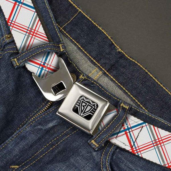 Buckle Down BD Wings Logo CLOSE-UP Full Color Black Silver Seatbelt Belt - Plaid X White/Red/Turquoise/Gray Webbing