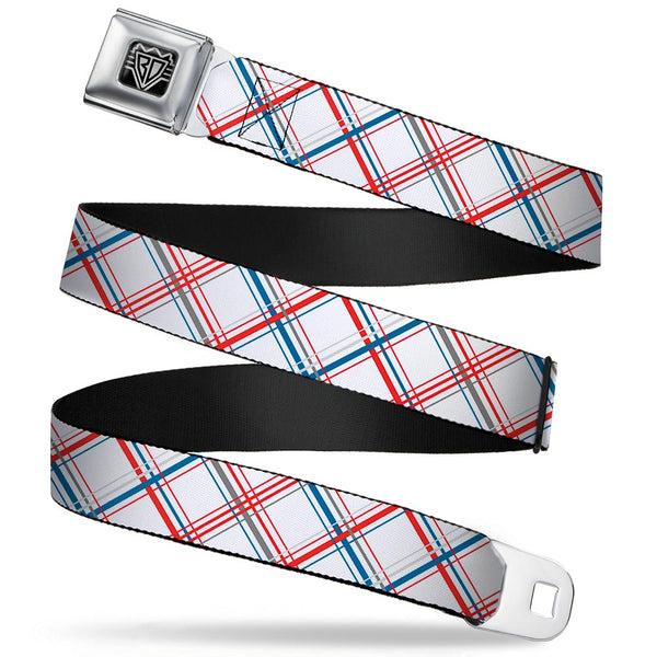 buckle down BD Wings Logo CLOSE-UP Full Color Black Silver Seatbelt Belt - Plaid X White/Red/Turquoise/Gray Webbing