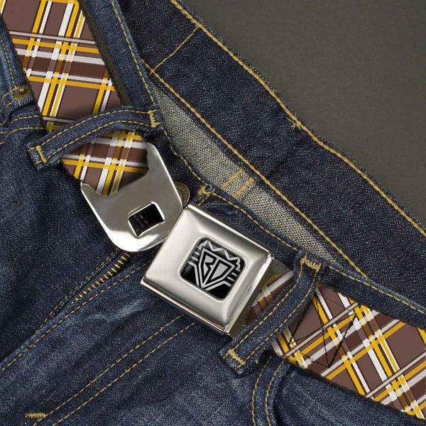 Buckle Down BD Wings Logo CLOSE-UP Full Color Black Silver Seatbelt Belt - Plaid X Brown/White/Gold Webbing