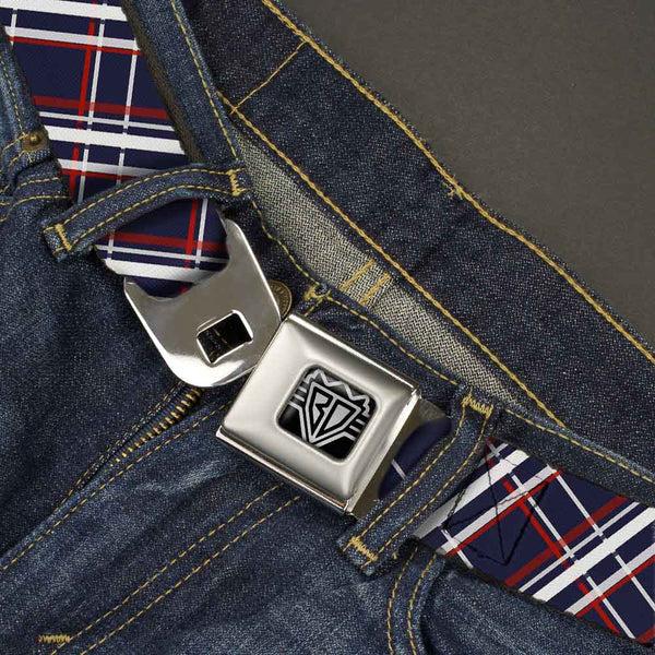 Buckle Down BD Wings Logo CLOSE-UP Full Color Black Silver Seatbelt Belt - Plaid X Blue/White/Red Webbing