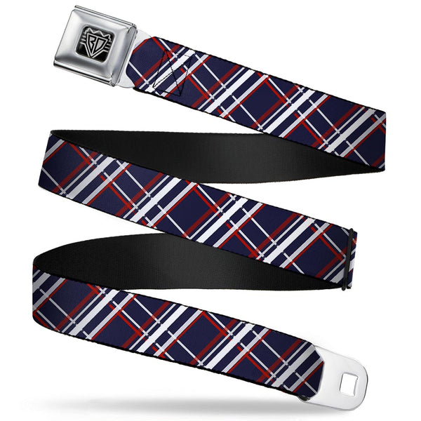 buckle down BD Wings Logo CLOSE-UP Full Color Black Silver Seatbelt Belt - Plaid X Blue/White/Red Webbing