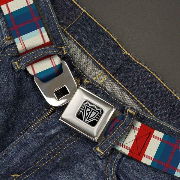 Buckle Down BD Wings Logo CLOSE-UP Full Color Black Silver Seatbelt Belt - Tartan Plaid Khaki/Blues/Red Webbing