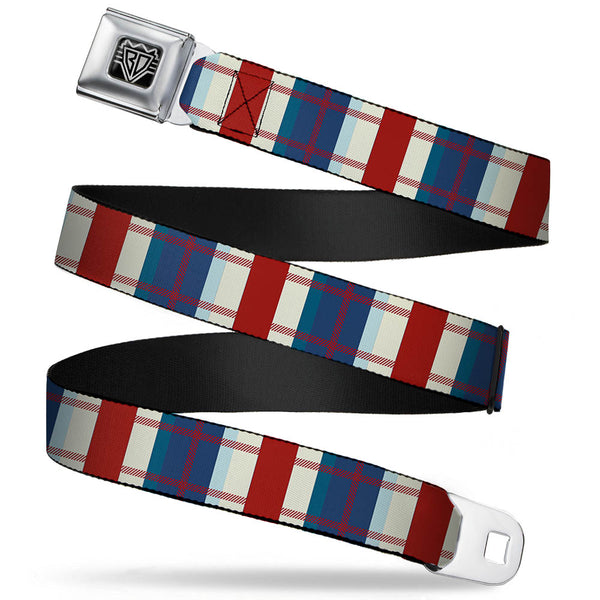 buckle down BD Wings Logo CLOSE-UP Full Color Black Silver Seatbelt Belt - Tartan Plaid Khaki/Blues/Red Webbing