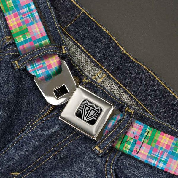 Buckle Down BD Wings Logo CLOSE-UP Full Color Black Silver Seatbelt Belt - Madras Plaid Pink Webbing