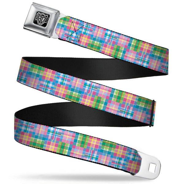 buckle down BD Wings Logo CLOSE-UP Full Color Black Silver Seatbelt Belt - Madras Plaid Pink Webbing