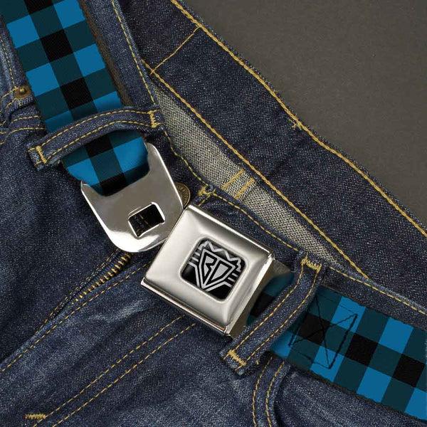 Buckle Down BD Wings Logo CLOSE-UP Full Color Black Silver Seatbelt Belt - Buffalo Plaid Black/Turquoise Webbing