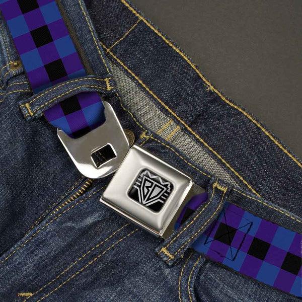 Buckle Down BD Wings Logo CLOSE-UP Full Color Black Silver Seatbelt Belt - Buffalo Plaid Black/Blue Webbing
