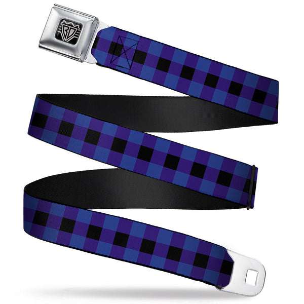 buckle down BD Wings Logo CLOSE-UP Full Color Black Silver Seatbelt Belt - Buffalo Plaid Black/Blue Webbing