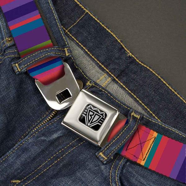Buckle Down BD Wings Logo CLOSE-UP Full Color Black Silver Seatbelt Belt - Lines Reds/Purples Webbing