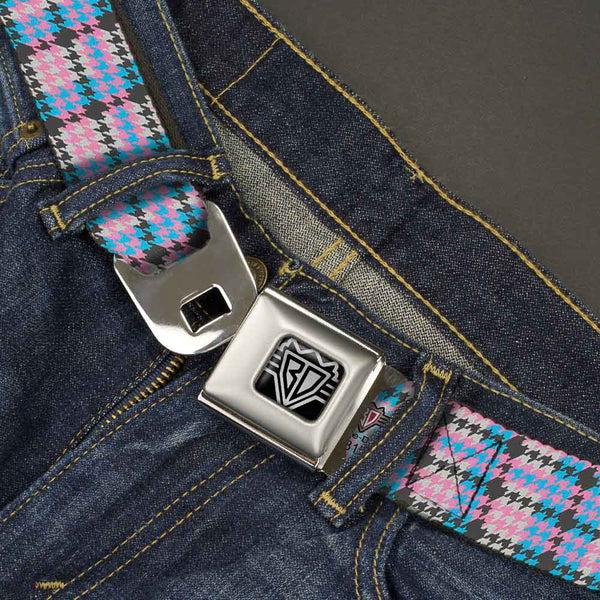 Buckle Down BD Wings Logo CLOSE-UP Full Color Black Silver Seatbelt Belt - Mini Houndstooth Gray/Baby Blue/Pink Webbing