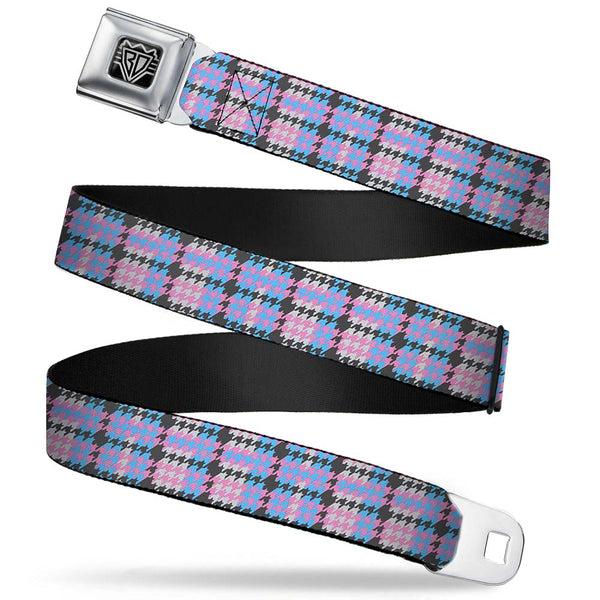 buckle down BD Wings Logo CLOSE-UP Full Color Black Silver Seatbelt Belt - Mini Houndstooth Gray/Baby Blue/Pink Webbing