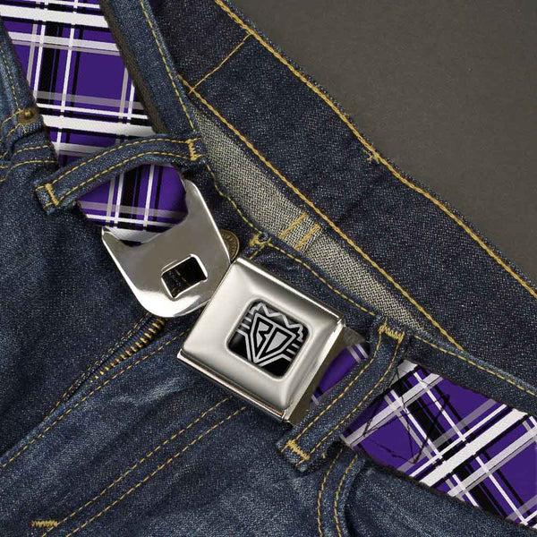 Buckle Down BD Wings Logo CLOSE-UP Full Color Black Silver Seatbelt Belt - Houndstooth Gray/Purple/White Webbing