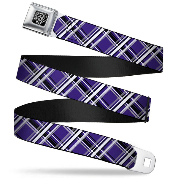 buckle down BD Wings Logo CLOSE-UP Full Color Black Silver Seatbelt Belt - Houndstooth Gray/Purple/White Webbing