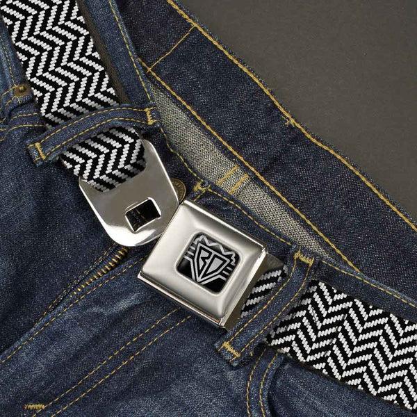 Buckle Down BD Wings Logo CLOSE-UP Full Color Black Silver Seatbelt Belt - Herringbone Jagged Black/White Webbing