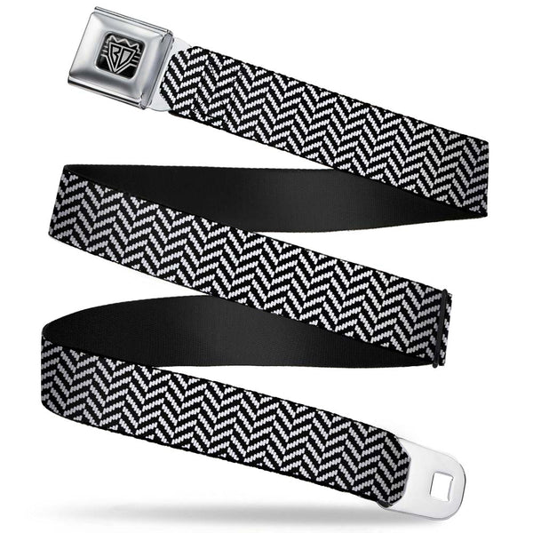 buckle down BD Wings Logo CLOSE-UP Full Color Black Silver Seatbelt Belt - Herringbone Jagged Black/White Webbing