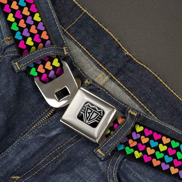 Buckle Down BD Wings Logo CLOSE-UP Full Color Black Silver Seatbelt Belt - Mini Hearts Black/Multi Neon Webbing
