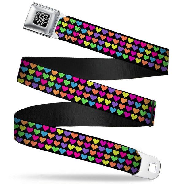 buckle down BD Wings Logo CLOSE-UP Full Color Black Silver Seatbelt Belt - Mini Hearts Black/Multi Neon Webbing