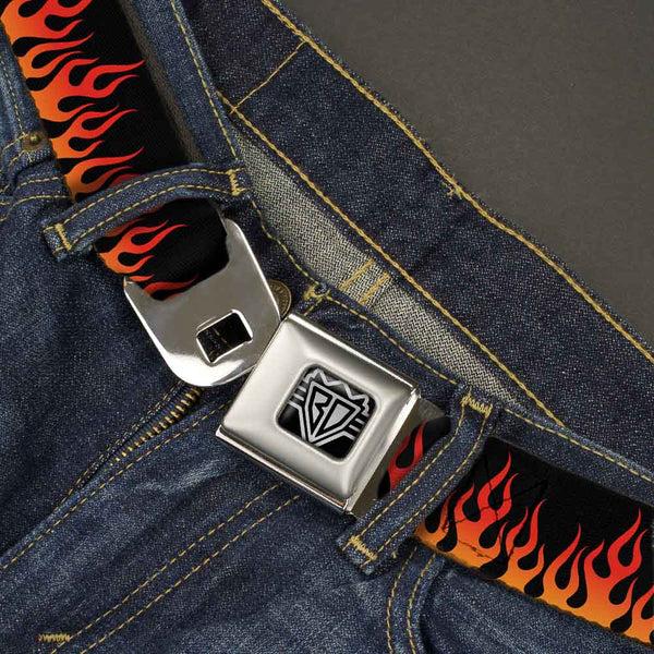 Buckle Down BD Wings Logo CLOSE-UP Full Color Black Silver Seatbelt Belt - Flames Black/Orange/Red Webbing