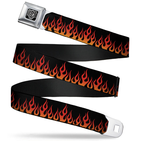 buckle down BD Wings Logo CLOSE-UP Full Color Black Silver Seatbelt Belt - Flames Black/Orange/Red Webbing