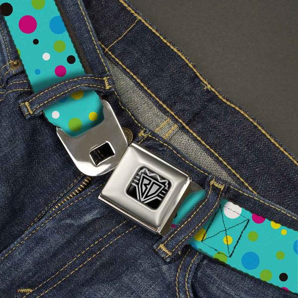 Buckle Down BD Wings Logo CLOSE-UP Full Color Black Silver Seatbelt Belt - Dots Seafoam Green/Multi Pastel Webbing