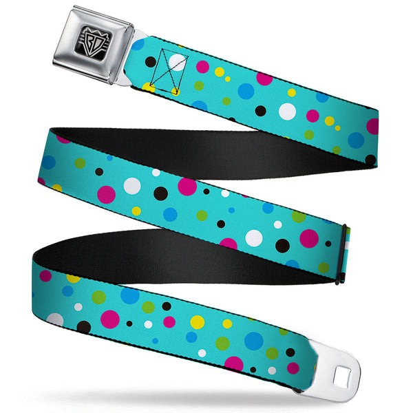 buckle down BD Wings Logo CLOSE-UP Full Color Black Silver Seatbelt Belt - Dots Seafoam Green/Multi Pastel Webbing