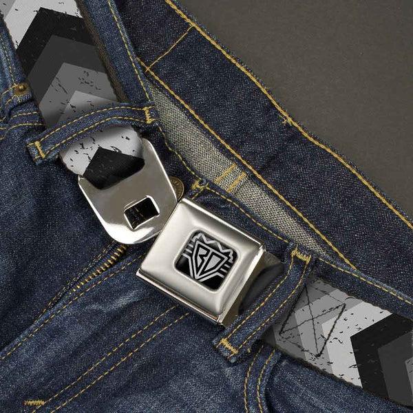 Buckle Down BD Wings Logo CLOSE-UP Full Color Black Silver Seatbelt Belt - Chevron Weathered Black/Grays Webbing