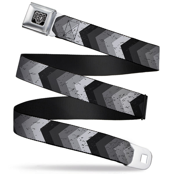 buckle down BD Wings Logo CLOSE-UP Full Color Black Silver Seatbelt Belt - Chevron Weathered Black/Grays Webbing