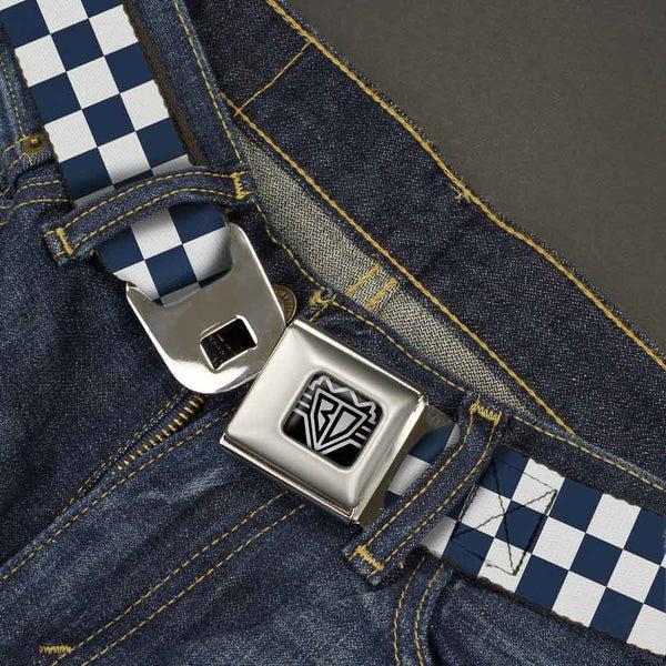 Buckle Down BD Wings Logo CLOSE-UP Full Color Black Silver Seatbelt Belt - Checker Sapphire Blue/White Webbing