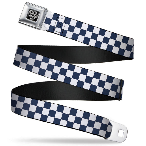 buckle down BD Wings Logo CLOSE-UP Full Color Black Silver Seatbelt Belt - Checker Sapphire Blue/White Webbing
