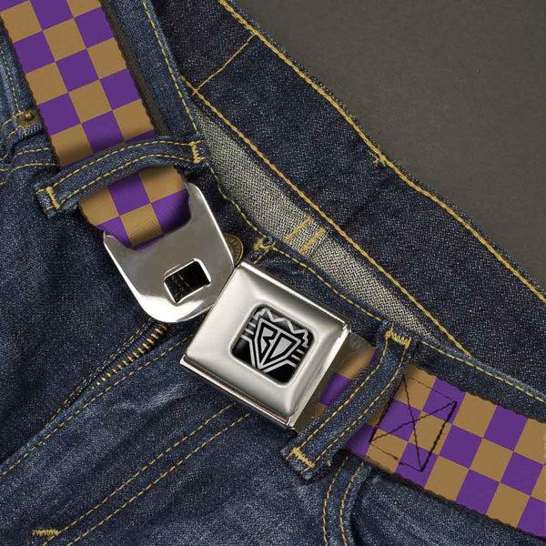 Buckle Down BD Wings Logo CLOSE-UP Full Color Black Silver Seatbelt Belt - Checker Purple/Gold Webbing