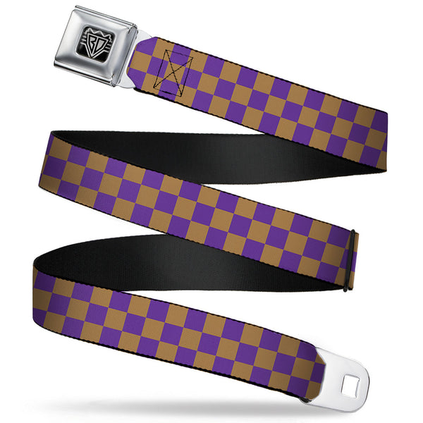 buckle down BD Wings Logo CLOSE-UP Full Color Black Silver Seatbelt Belt - Checker Purple/Gold Webbing