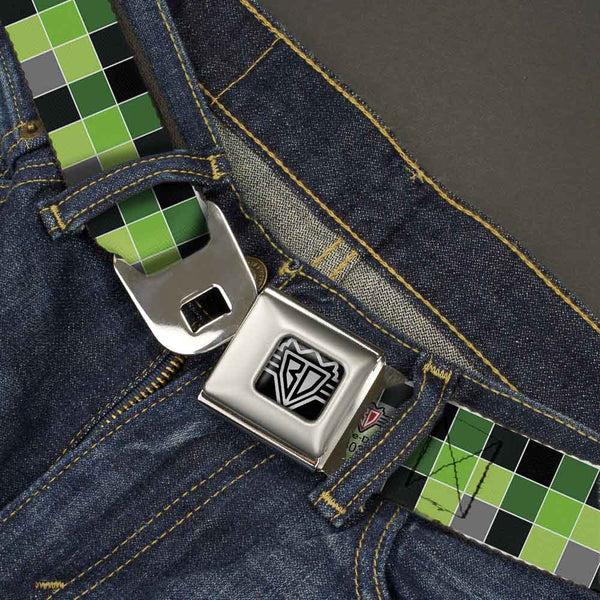 Buckle Down BD Wings Logo CLOSE-UP Full Color Black Silver Seatbelt Belt - Checker Mosaic Green Webbing