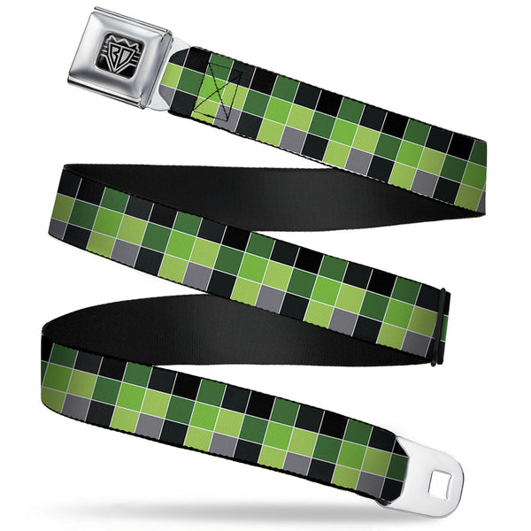 buckle down BD Wings Logo CLOSE-UP Full Color Black Silver Seatbelt Belt - Checker Mosaic Green Webbing