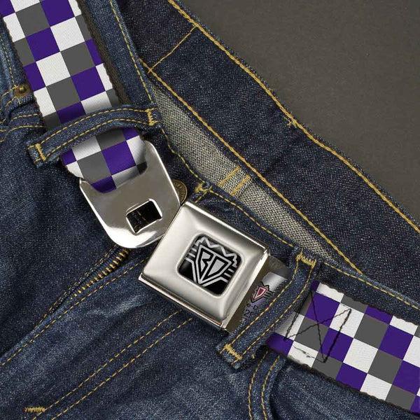 Buckle Down BD Wings Logo CLOSE-UP Full Color Black Silver Seatbelt Belt - Checker Gray/Purple/White Webbing