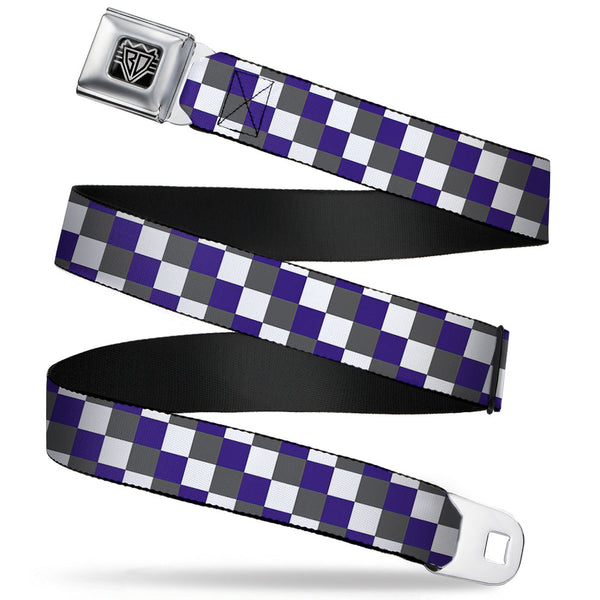 buckle down BD Wings Logo CLOSE-UP Full Color Black Silver Seatbelt Belt - Checker Gray/Purple/White Webbing