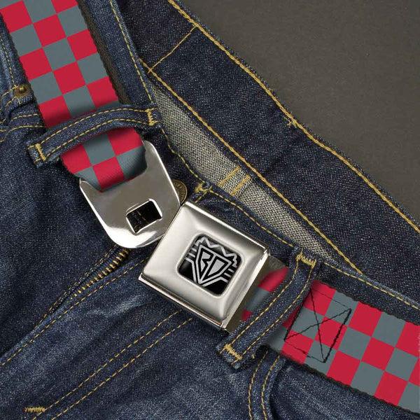 Buckle Down BD Wings Logo CLOSE-UP Full Color Black Silver Seatbelt Belt - Checker Crimson Red/Gray Webbing