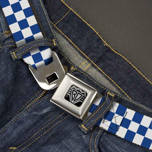 Buckle Down BD Wings Logo CLOSE-UP Full Color Black Silver Seatbelt Belt - Checker BlueKU/White Webbing