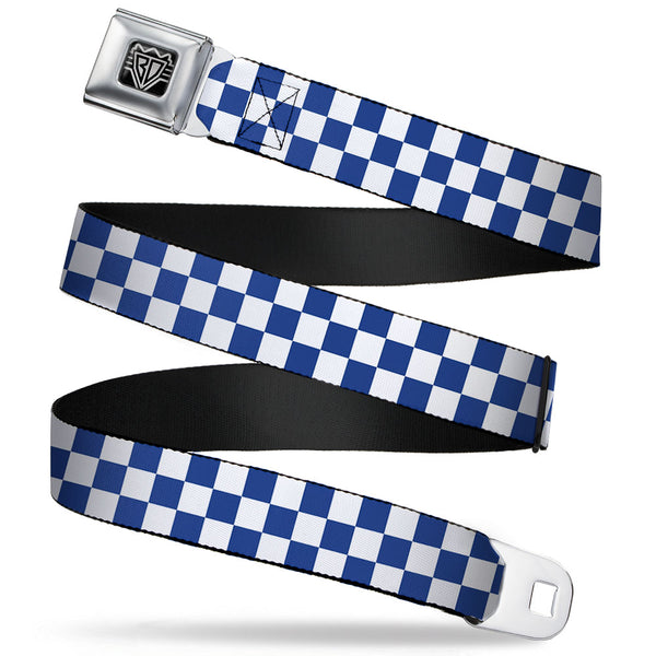buckle down BD Wings Logo CLOSE-UP Full Color Black Silver Seatbelt Belt - Checker BlueKU/White Webbing