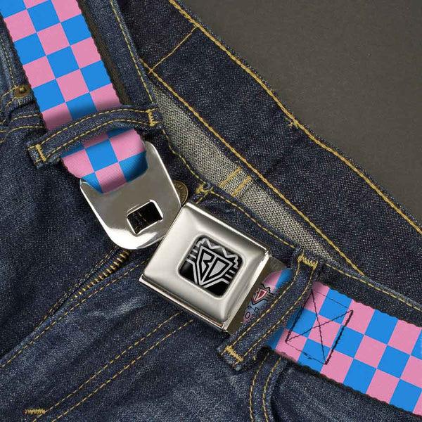 Buckle Down BD Wings Logo CLOSE-UP Full Color Black Silver Seatbelt Belt - Checker Baby Pink/Baby Blue Webbing