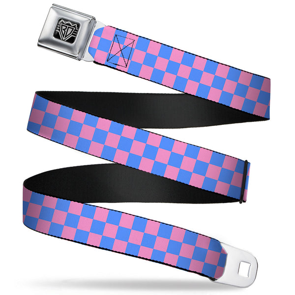 buckle down BD Wings Logo CLOSE-UP Full Color Black Silver Seatbelt Belt - Checker Baby Pink/Baby Blue Webbing