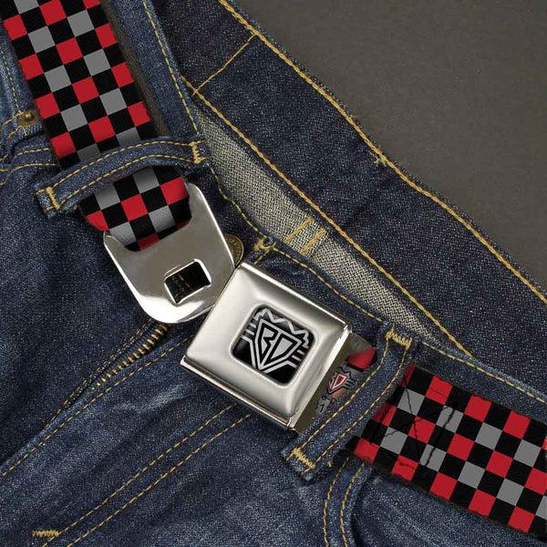 Buckle Down BD Wings Logo CLOSE-UP Full Color Black Silver Seatbelt Belt - Mini Checker Black/Gray/3 Red Webbing