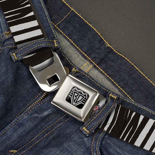 Buckle Down BD Wings Logo CLOSE-UP Full Color Black Silver Seatbelt Belt - Zebra Webbing