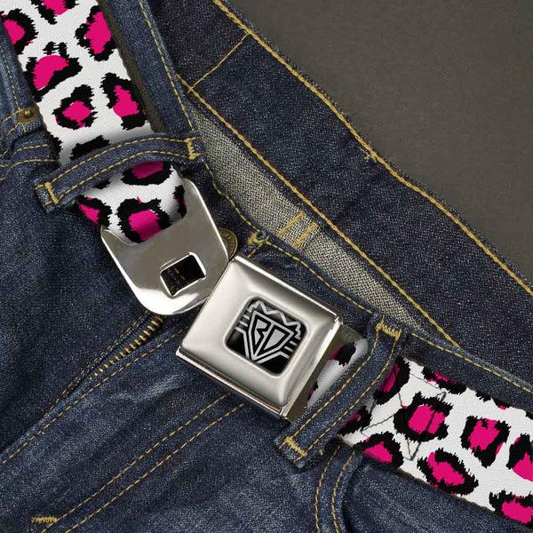 Buckle Down BD Wings Logo CLOSE-UP Full Color Black Silver Seatbelt Belt - Leopard White/Fuchsia Webbing