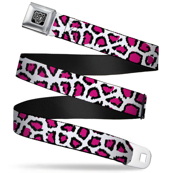 buckle down BD Wings Logo CLOSE-UP Full Color Black Silver Seatbelt Belt - Leopard White/Fuchsia Webbing
