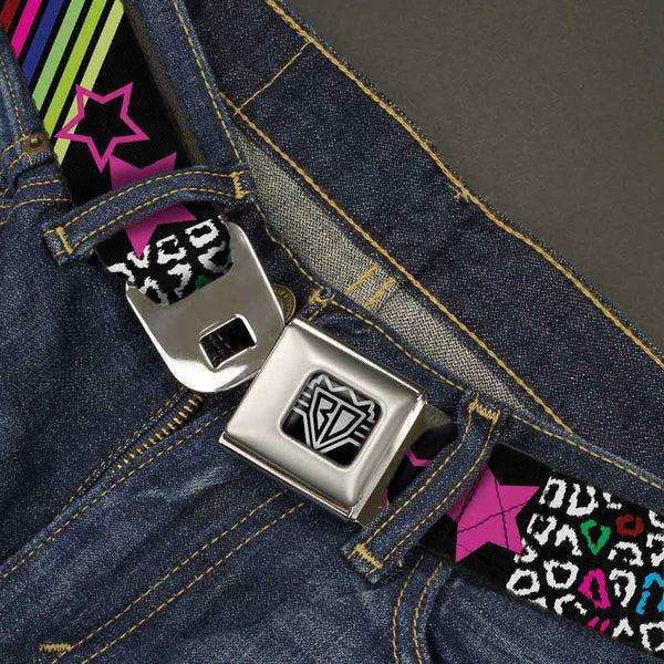 Buckle Down BD Wings Logo CLOSE-UP Full Color Black Silver Seatbelt Belt - Animal Skins & Stripes 1 Webbing
