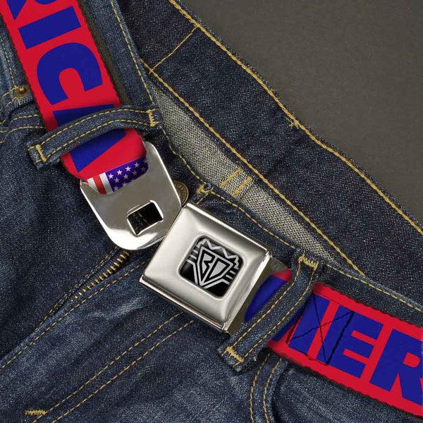 Buckle Down BD Wings Logo CLOSE-UP Full Color Black Silver Seatbelt Belt - 'MERICA/US Flag Red/Blue/White Webbing