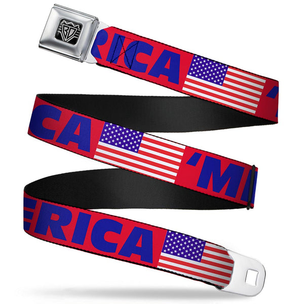 buckle down BD Wings Logo CLOSE-UP Full Color Black Silver Seatbelt Belt - 'MERICA/US Flag Red/Blue/White Webbing