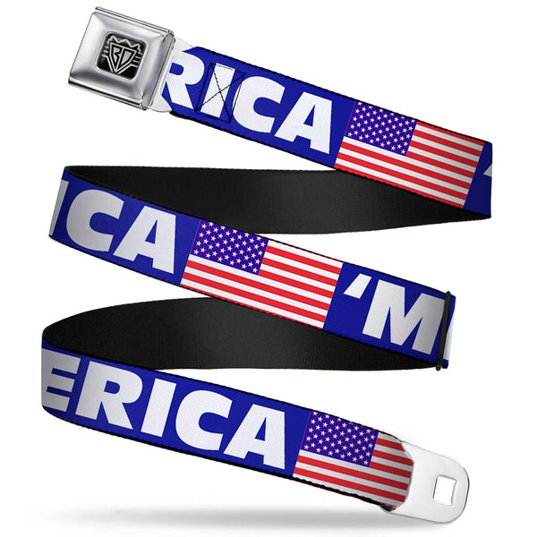 buckle down BD Wings Logo CLOSE-UP Full Color Black Silver Seatbelt Belt - 'MERICA/US Flag Blue/White/Red Webbing